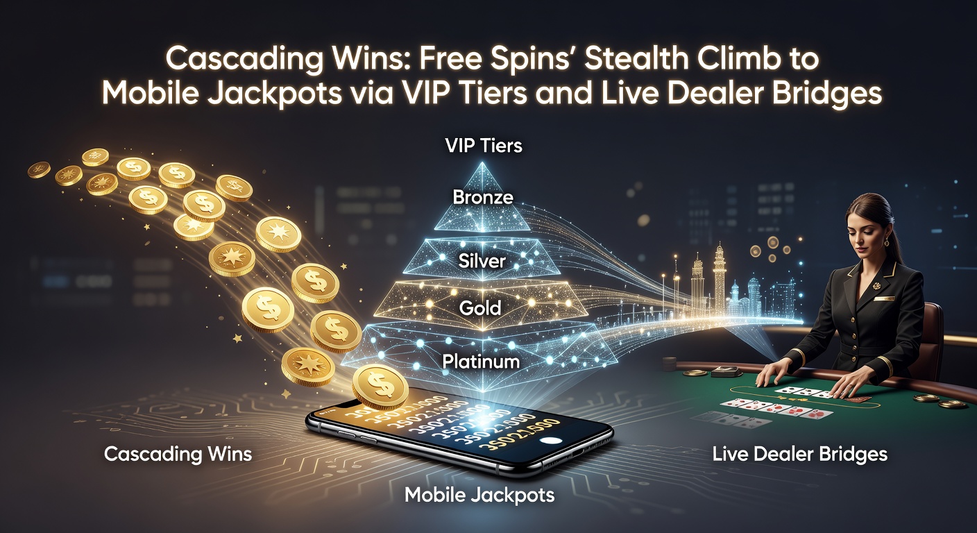 Mobile VIP interface showing tier climb with free spins converting to live dealer chips and jackpot meters rising in the background