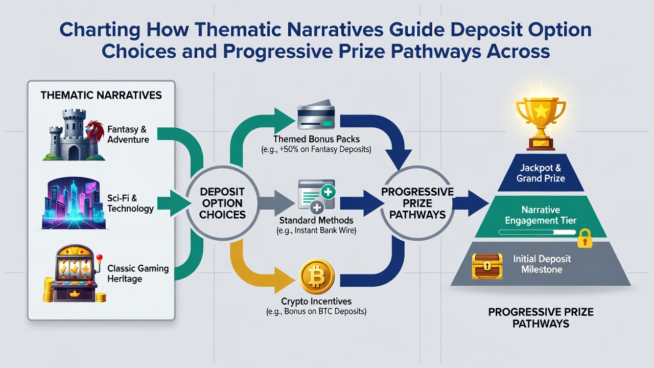 Diagram illustrating connections between game themes, deposit selections, and progressive jackpot structures across software providers