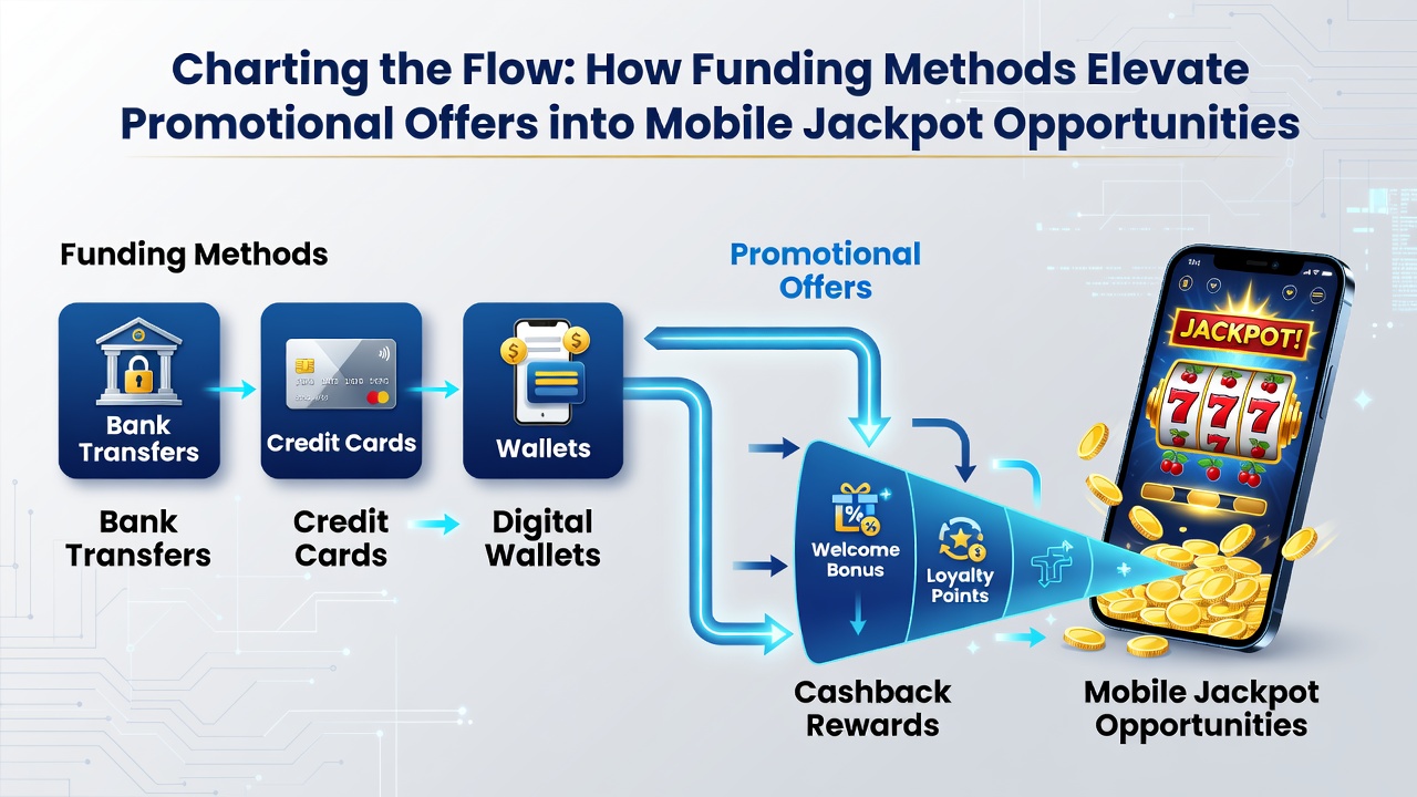 Diagram showing mobile funding routes leading to jackpot triggers and VIP progression indicators
