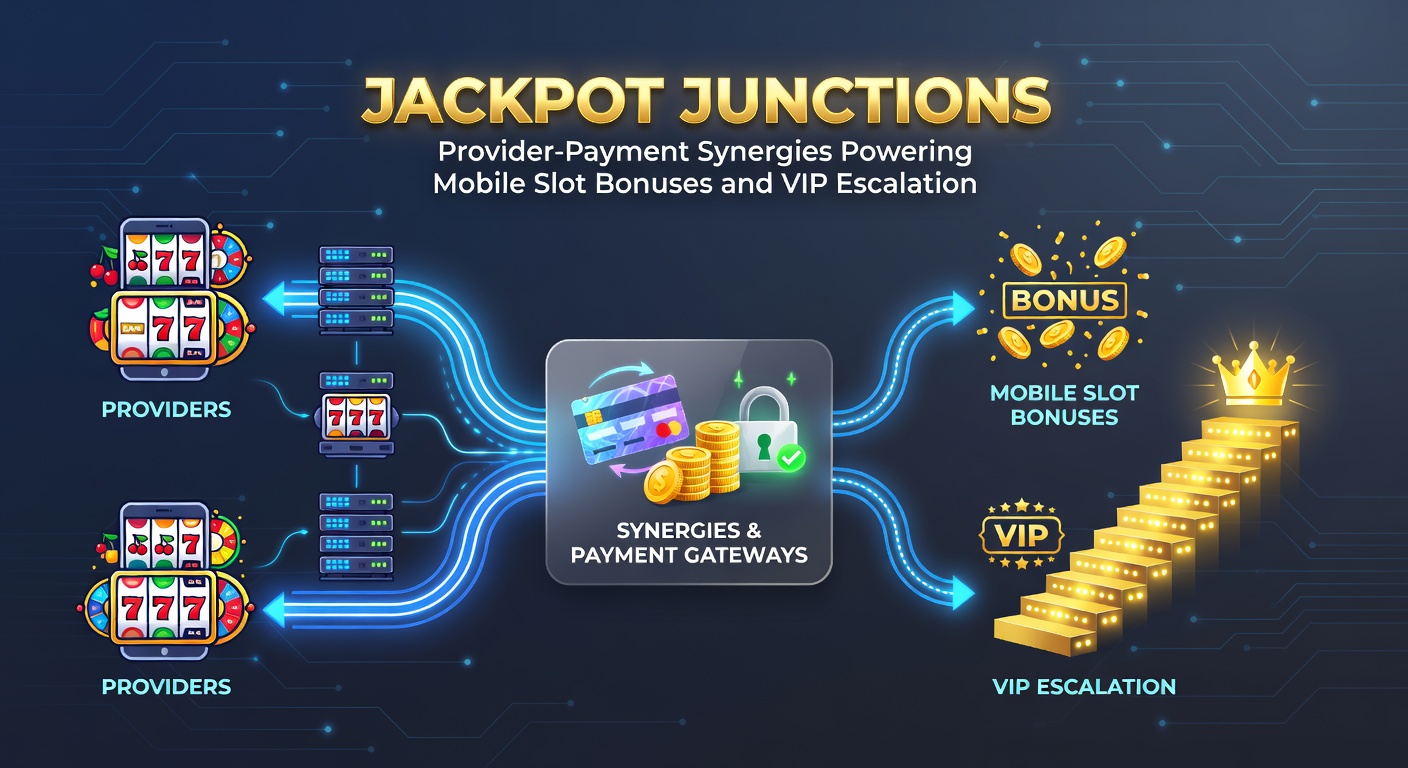 Infographic depicting interconnected gears of slot providers, payment icons, mobile phones, rising VIP ladders, and exploding jackpot symbols