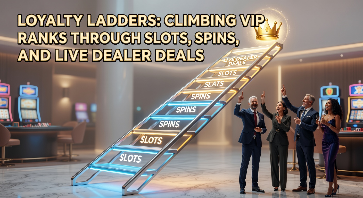 Dynamic illustration of a player ascending a glowing loyalty ladder, surrounded by cascading slot wins, free spin wheels, and live dealer roulette wheels