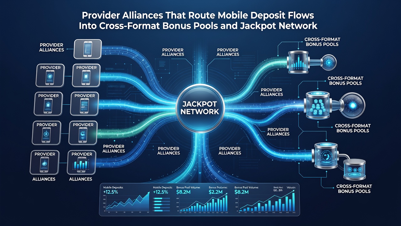 Flowchart illustrating how mobile deposits are allocated across bonus pools and jackpot networks by allied game providers
