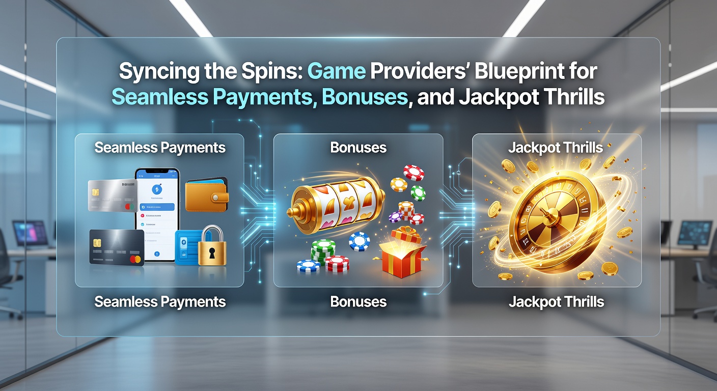 Dynamic graphic of game provider dashboard illustrating API connections between payment flows, bonus engines, and networked jackpot progress bars