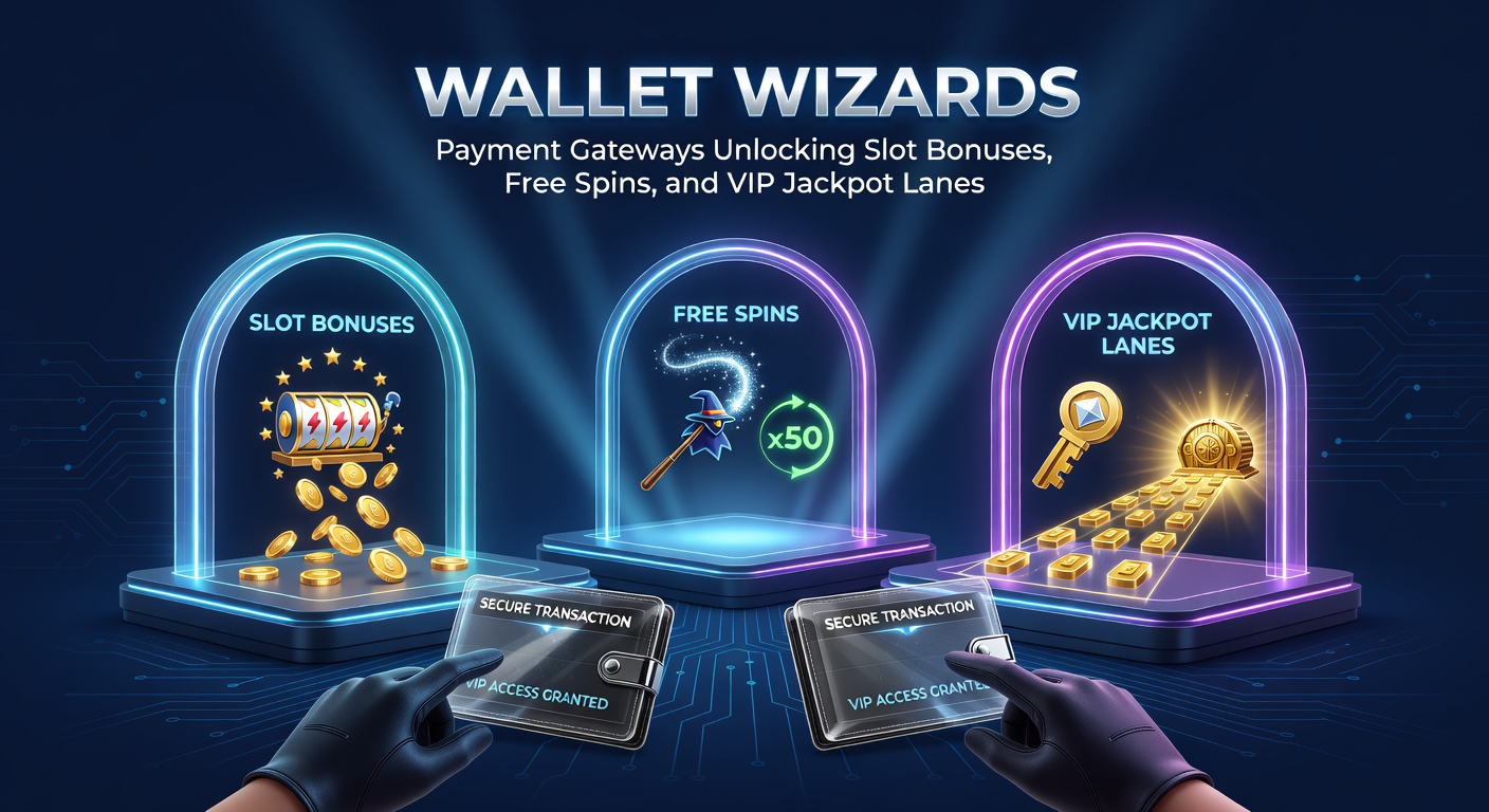 Illustration of various payment icons flowing into a slot machine, releasing cascades of free spins, bonus coins, and VIP jackpot ladders